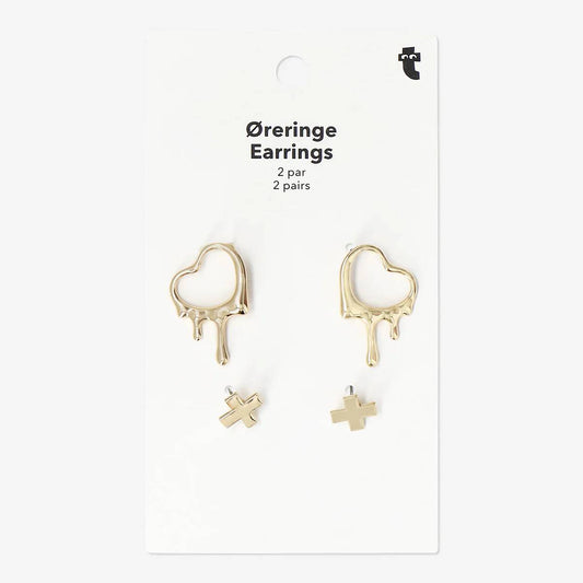 Earrings Gold 4Pc Studs Hearts W Drip + X Studs