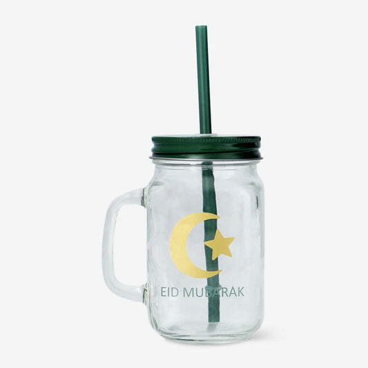 Jar 450Ml W Lid & Handle/Straw Ramadan Text Print