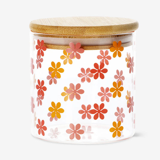 Jar Glass With Bamboo Lid And Flower Pri