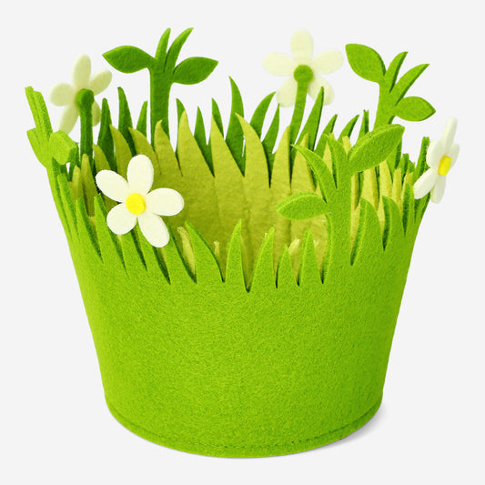 Basket Felt Green White Flower Small(In)