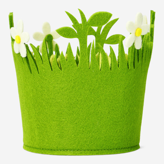 Basket Felt Green White Flower Small(In)