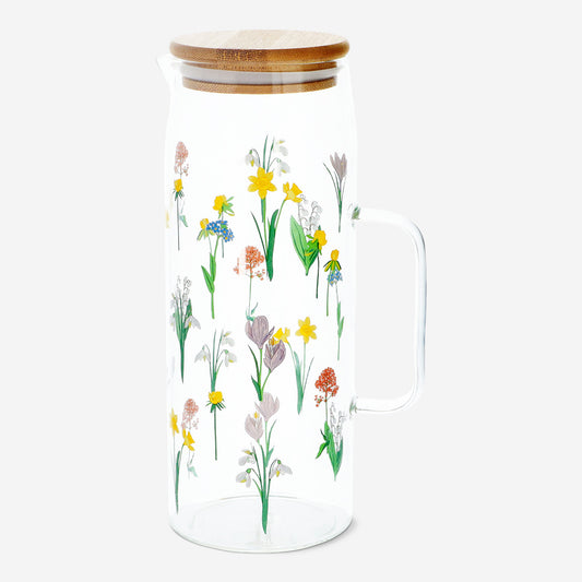 Jug Water Glass with Bamboo Lid Flowers