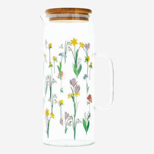 Jug Water Glass with Bamboo Lid Flowers