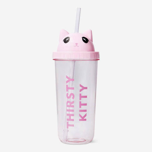 Cup Drinking W Straw Cat Face Pink