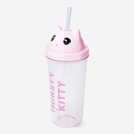 Cup Drinking W Straw Cat Face Pink