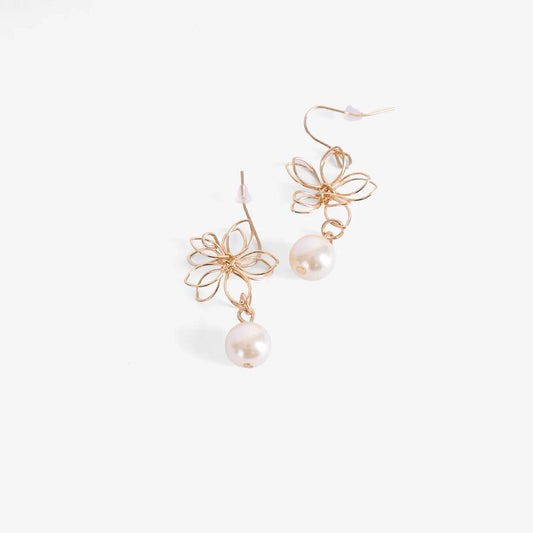 Earrings Hooks W Small Metal Flower + Pearl Drop 2Pcs