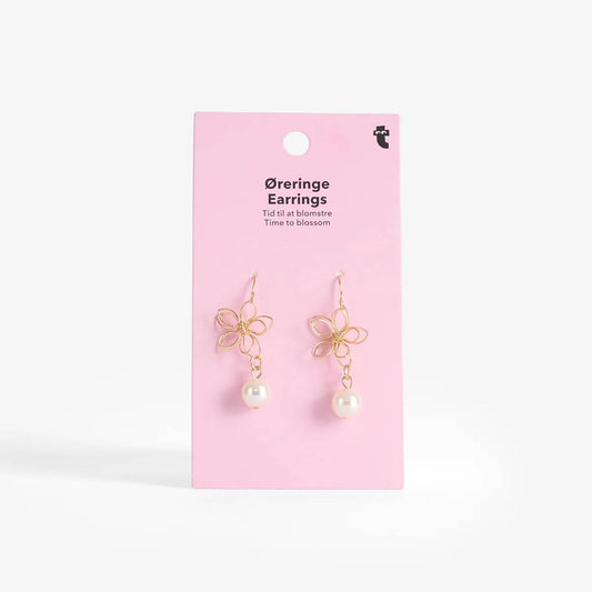 Earrings Hooks W Small Metal Flower + Pearl Drop 2Pcs