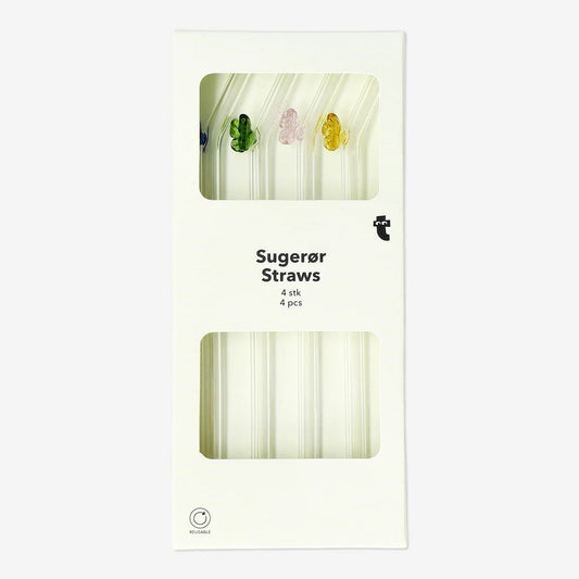 Straws 4Pcs Set Glass W Butterfly Design Embossed