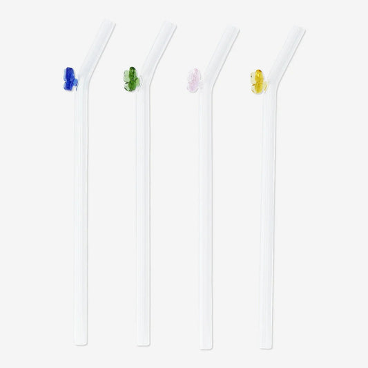 Straws 4Pcs Set Glass W Butterfly Design Embossed
