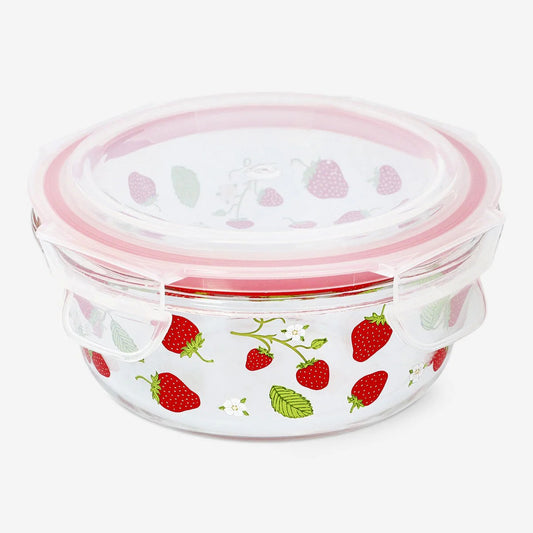 Container Glass Round Shape W Lid Strawb