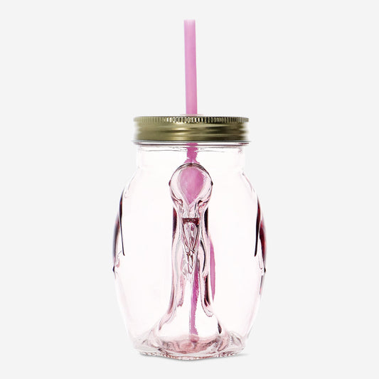 Jar With Lid Strawith Flamingo Shape Pink