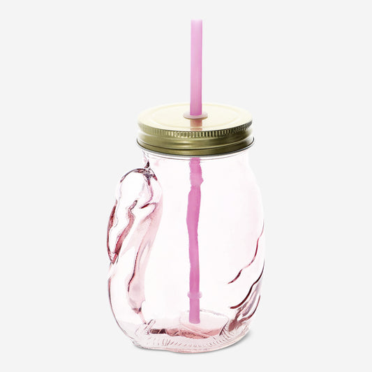 Jar With Lid Strawith Flamingo Shape Pink