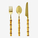 Cutlery Set Bamboo Handle Golden Ss 3Pc