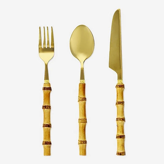 Cutlery Set Bamboo Handle Golden Ss 3Pc