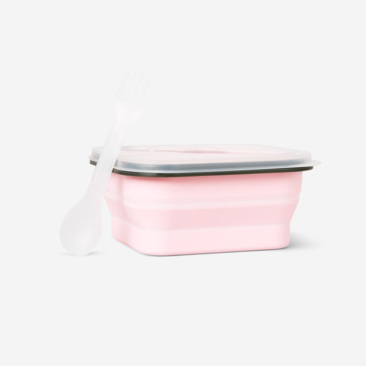 Lunch Box Collapsible with Spoon Fork Silicone 600ml Pink