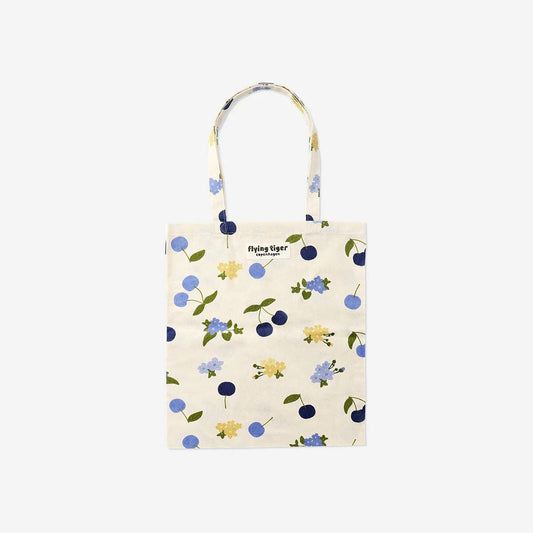 Tote Bag Cherry And Flower Blue Aop