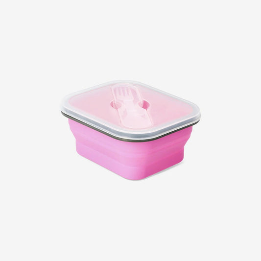 Lunch Box Collapsible W Spoon Fork Silicone 600Ml Pink