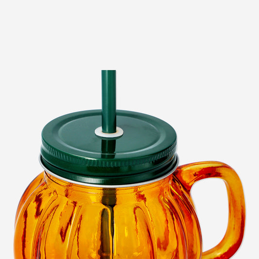 Jar Handle Lid Straw Pumpkin Shape Glass