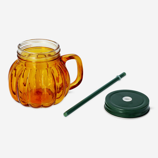 Jar Handle Lid Straw Pumpkin Shape Glass