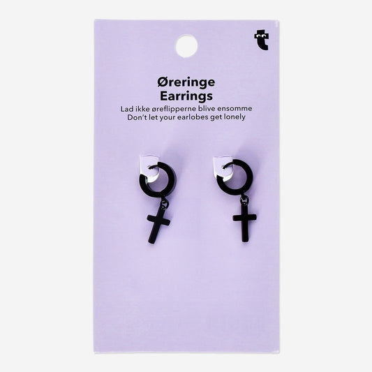 Earrings Hoop With Cross 2Pc Black