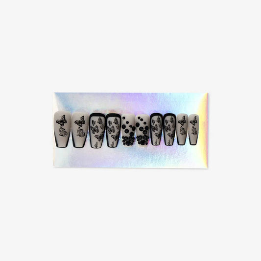 Nails Fake Adult Black Moths W Black Stones 24Pcs