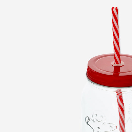 Jar with Red Lid & Straw with Gingerbread Man