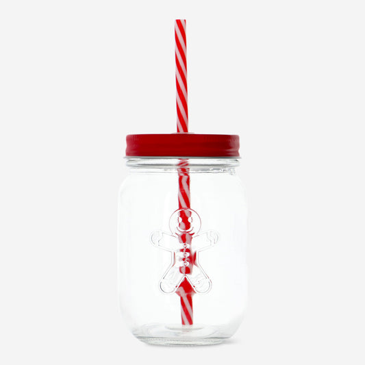 Jar with Red Lid & Straw with Gingerbread Man