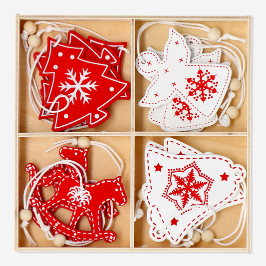 Ornaments Wood In Box 12Pcs Red & White