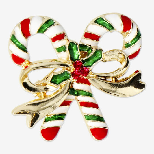 Brooch Candy Canes And Golden Bow