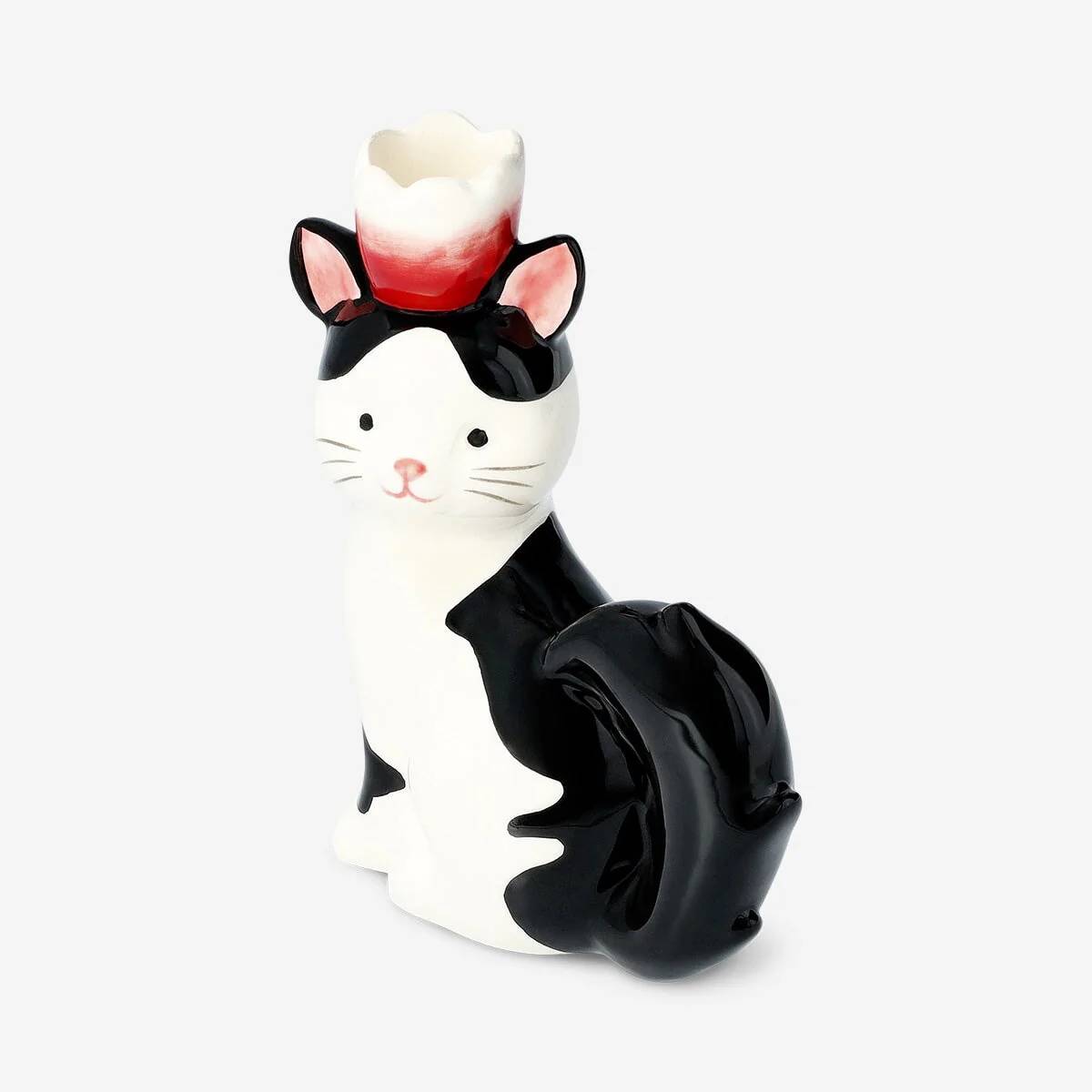 Candle Holder Cat W Flower Ceramic