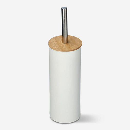 Toilet Brush with Holder Bamboo Lid Mat Wht