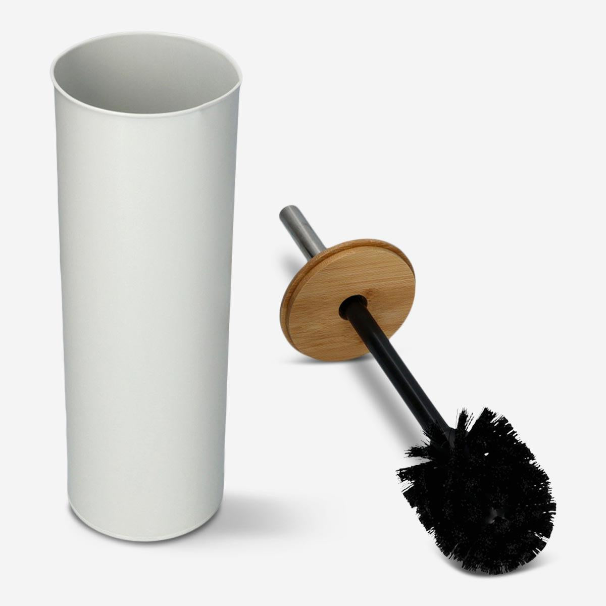 Toilet Brush with Holder Bamboo Lid Mat Wht